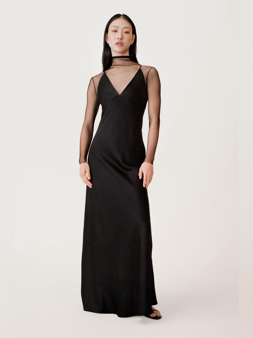 Zara 50 Anniversary Satin effect black v-neck strappy lingerie long dress sz.XS